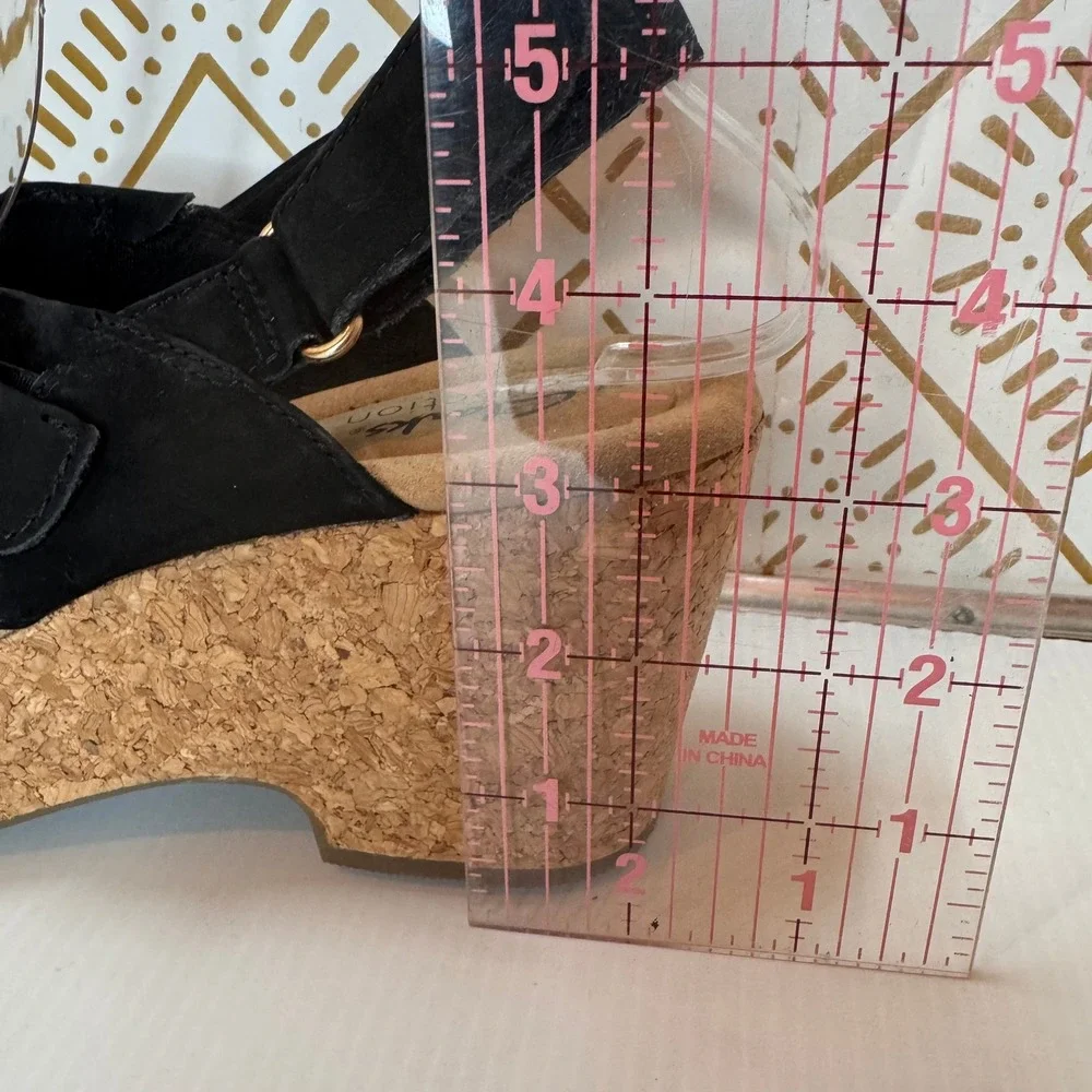 Clarks‎ Suede Cork Sandal Women 10 Black Wedge Slingback Buckle Boho Vacation